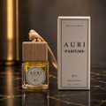AURI No.1 alcohol-free car diffuser with white gift box on dark marble, inspired by Mugler Alien
