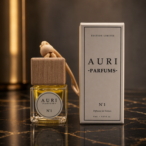 AURI No.1 alcohol-free car diffuser with white gift box on dark marble, inspired by Mugler Alien