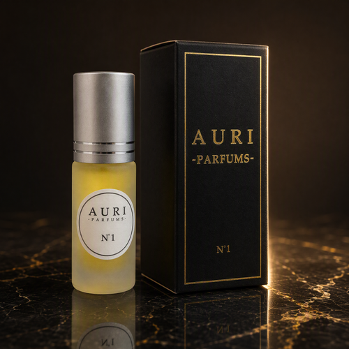 AURI No.1 alcohol-free roll-on perfume oil with black gift box on dark marble, inspired by Mugler Alien