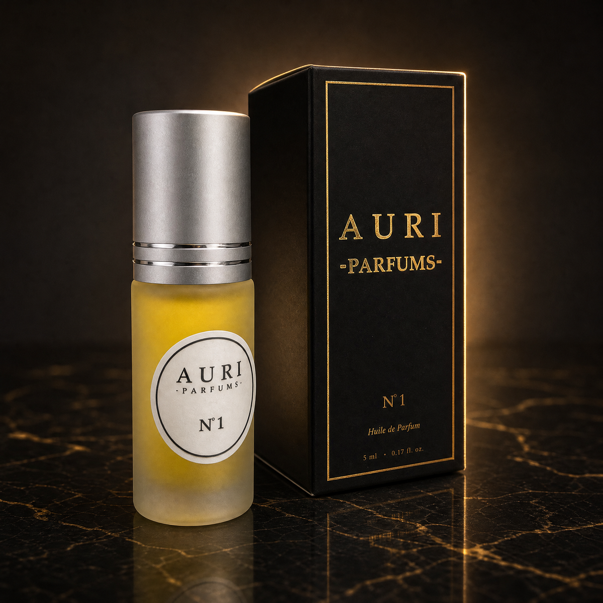 AURI No.1 alcohol-free roll-on perfume oil with black gift box on dark marble, inspired by Mugler Alien