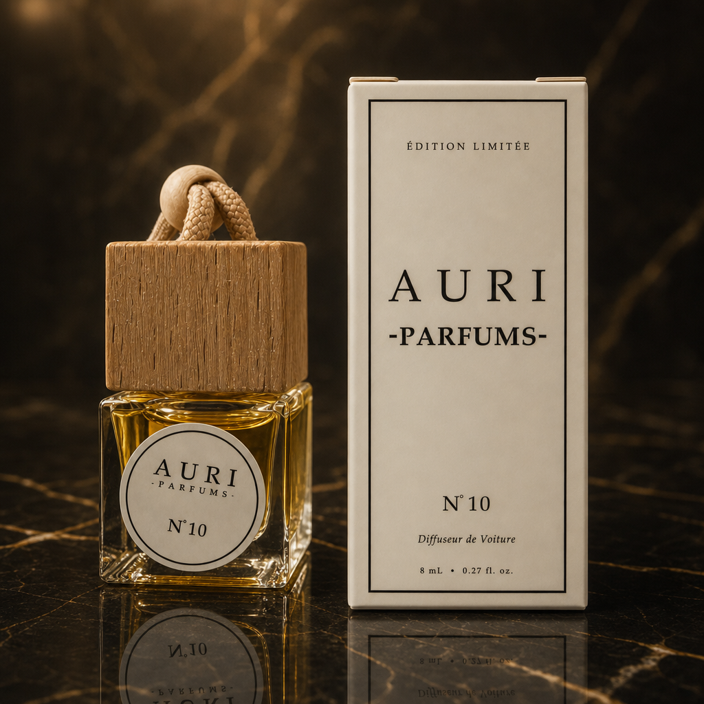 AURI No.10 alcohol-free car diffuser with white gift box on dark marble, inspired by Chanel Coco Mademoiselle