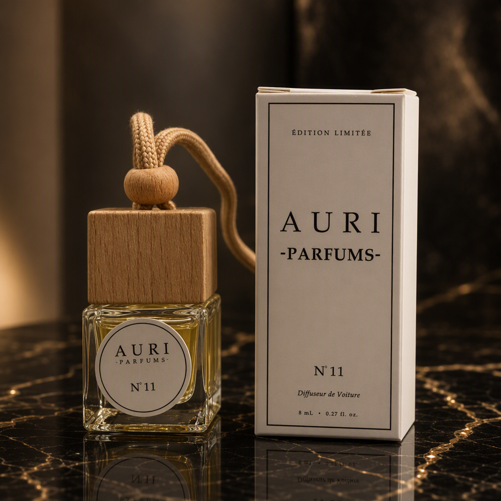 AURI No.11 alcohol-free car diffuser with white gift box on dark marble, inspired by Jean Paul Gaultier Scandal