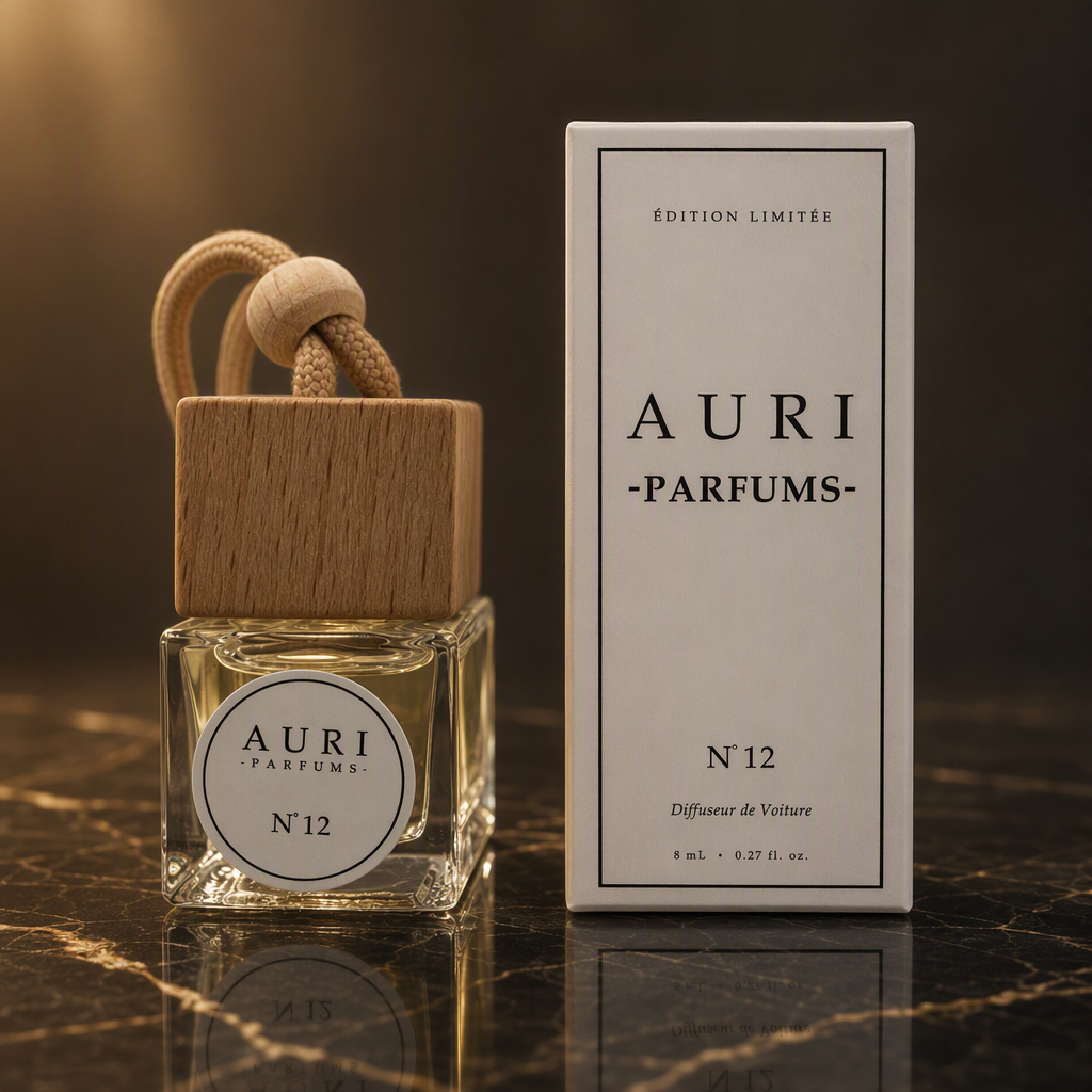 AURI No.12 alcohol-free car diffuser with white gift box on dark marble, inspired by Bvlgari Tygar
