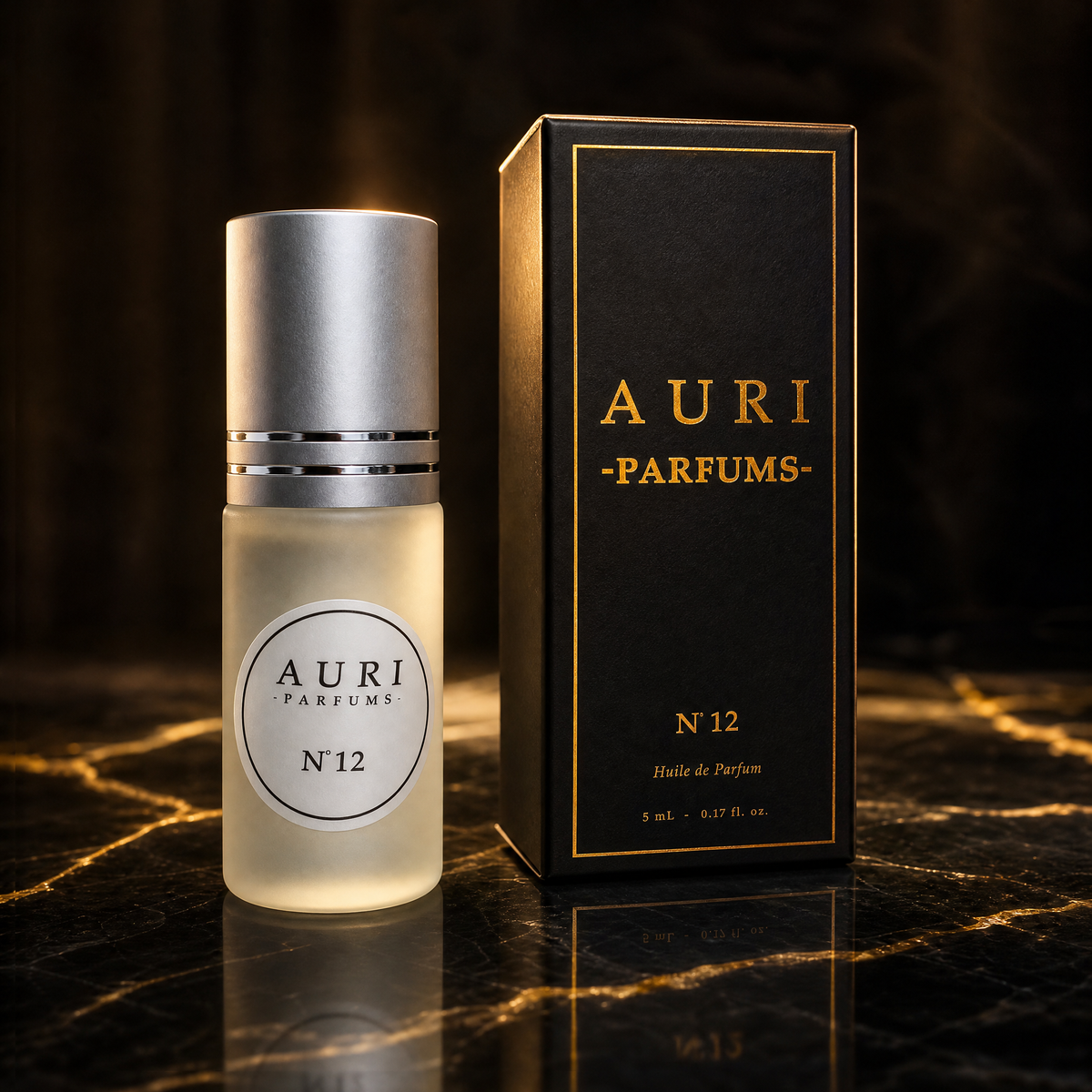 AURI No.12 alcohol-free roll-on perfume oil with black gift box on dark marble, inspired by Bvlgari Tygar
