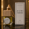 AURI No.13 alcohol-free car diffuser with white gift box on dark marble, inspired by Jannatul Firdaus