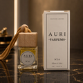 AURI No.14 alcohol-free car diffuser with white gift box on dark marble, inspired by Tom Ford Oud Wood