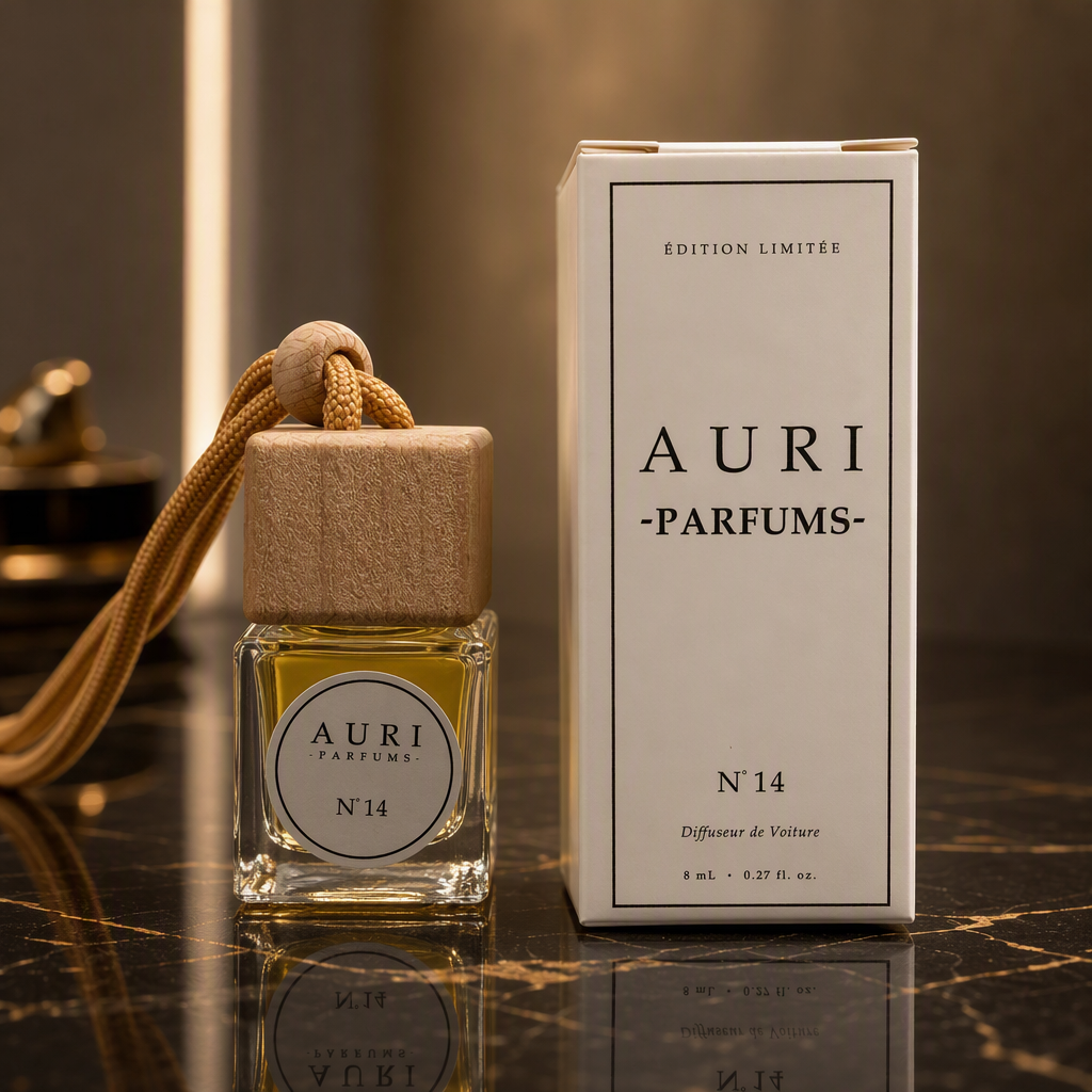 AURI No.14 alcohol-free car diffuser with white gift box on dark marble, inspired by Tom Ford Oud Wood