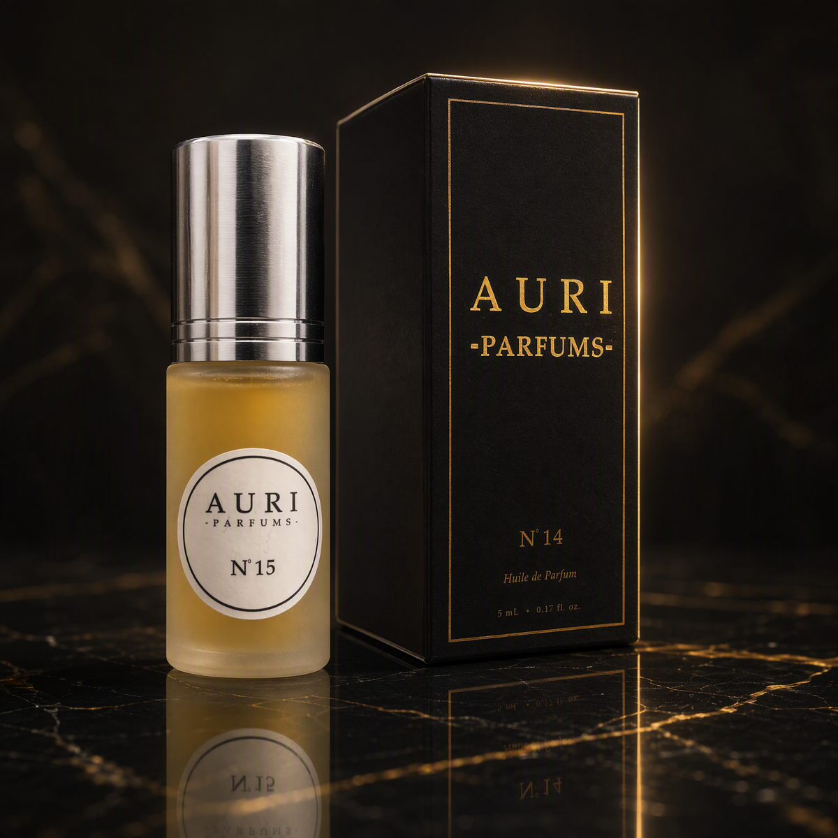 AURI No.14 alcohol-free roll-on perfume oil with black gift box on dark marble, inspired by Tom Ford Oud Wood