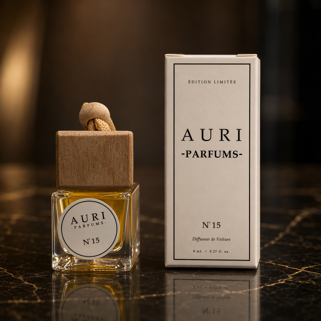 AURI No.15 alcohol-free car diffuser with white gift box on dark marble, inspired by Chanel Chance Eau Tendre