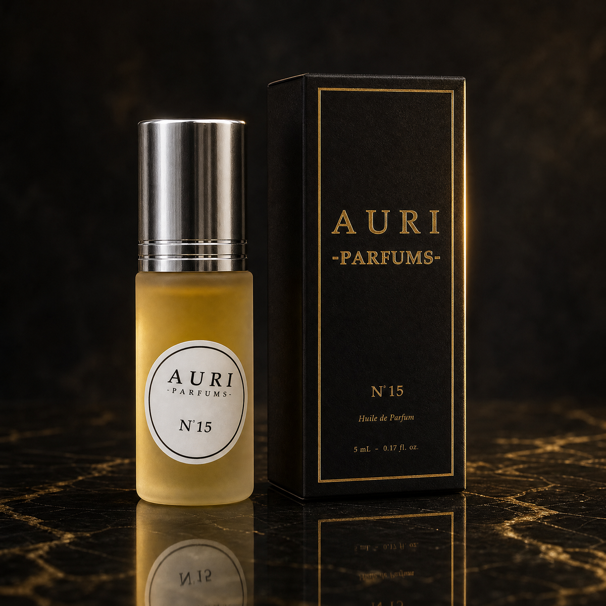 AURI No.15 alcohol-free roll-on perfume oil with black gift box on dark marble, inspired by Chanel Chance Eau Tendre