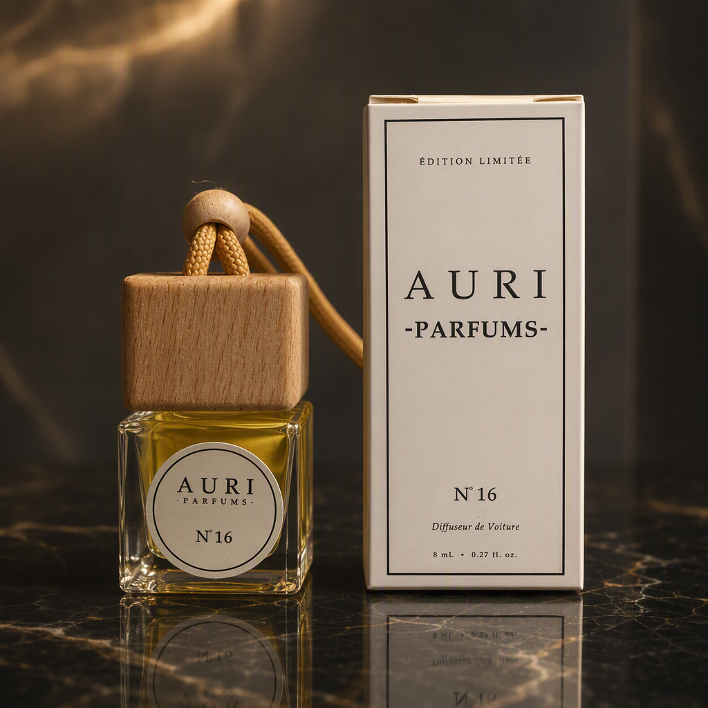 AURI No.16 alcohol-free car diffuser with white gift box on dark marble, inspired by Calvin Klein Escape for Men