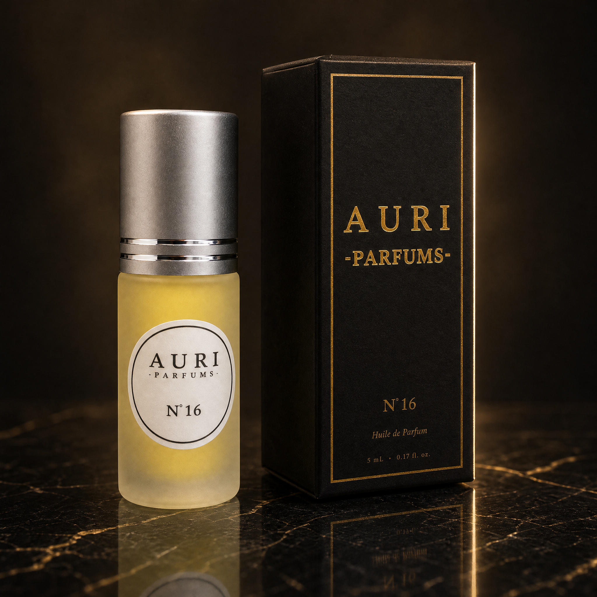 AURI No.16 alcohol-free roll-on perfume oil with black gift box on dark marble, inspired by Calvin Klein Escape for Men