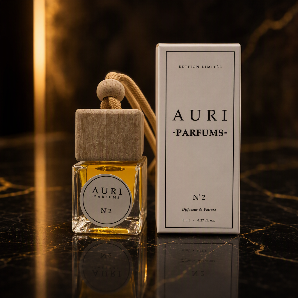 AURI No.2 alcohol-free car diffuser with white gift box on dark marble, inspired by Bvlgari Aqva Amara