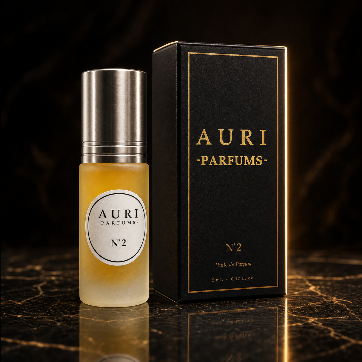 AURI No.2 alcohol-free roll-on perfume oil with black gift box on dark marble, inspired by Bvlgari Aqva Amara