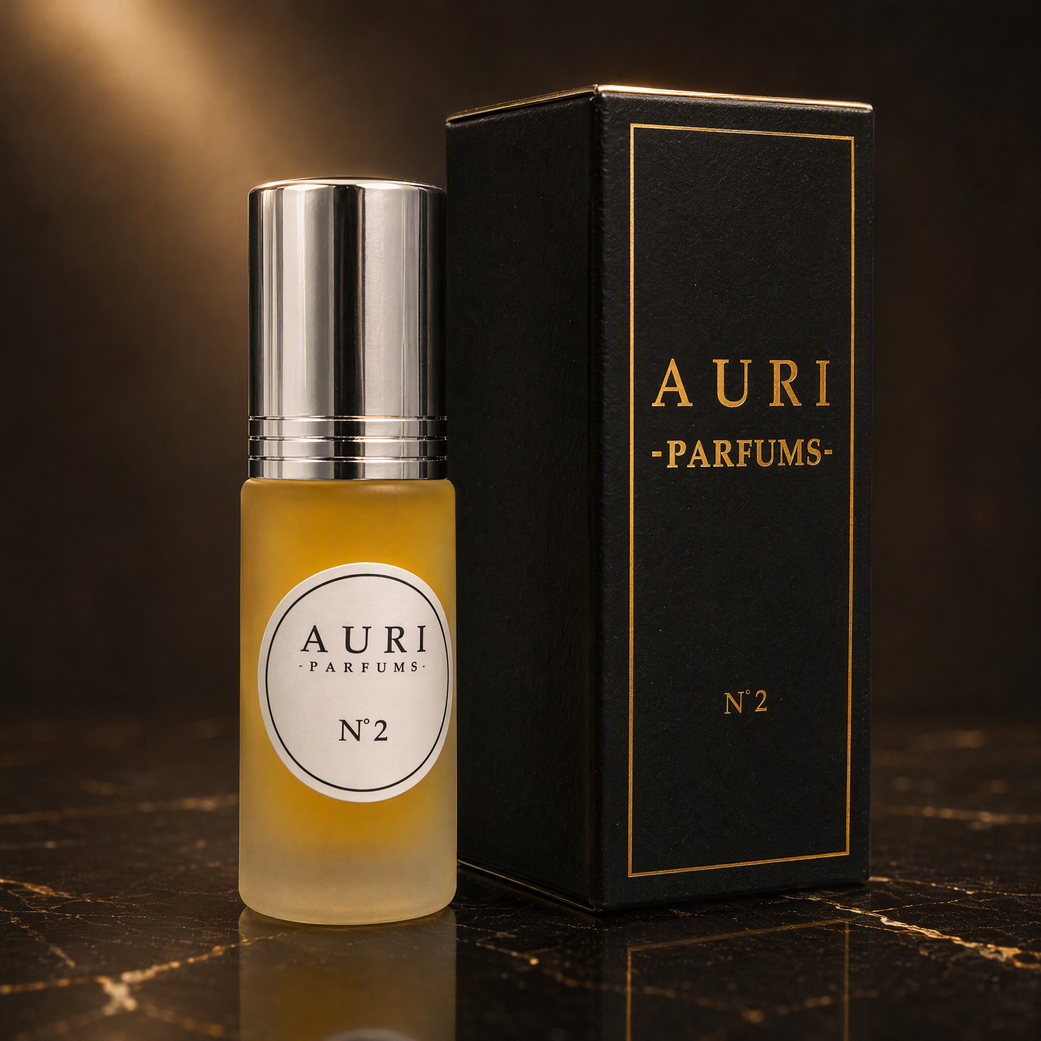 AURI No.2 alcohol-free roll-on perfume oil with black gift box on dark marble, inspired by Bvlgari Aqva Amara