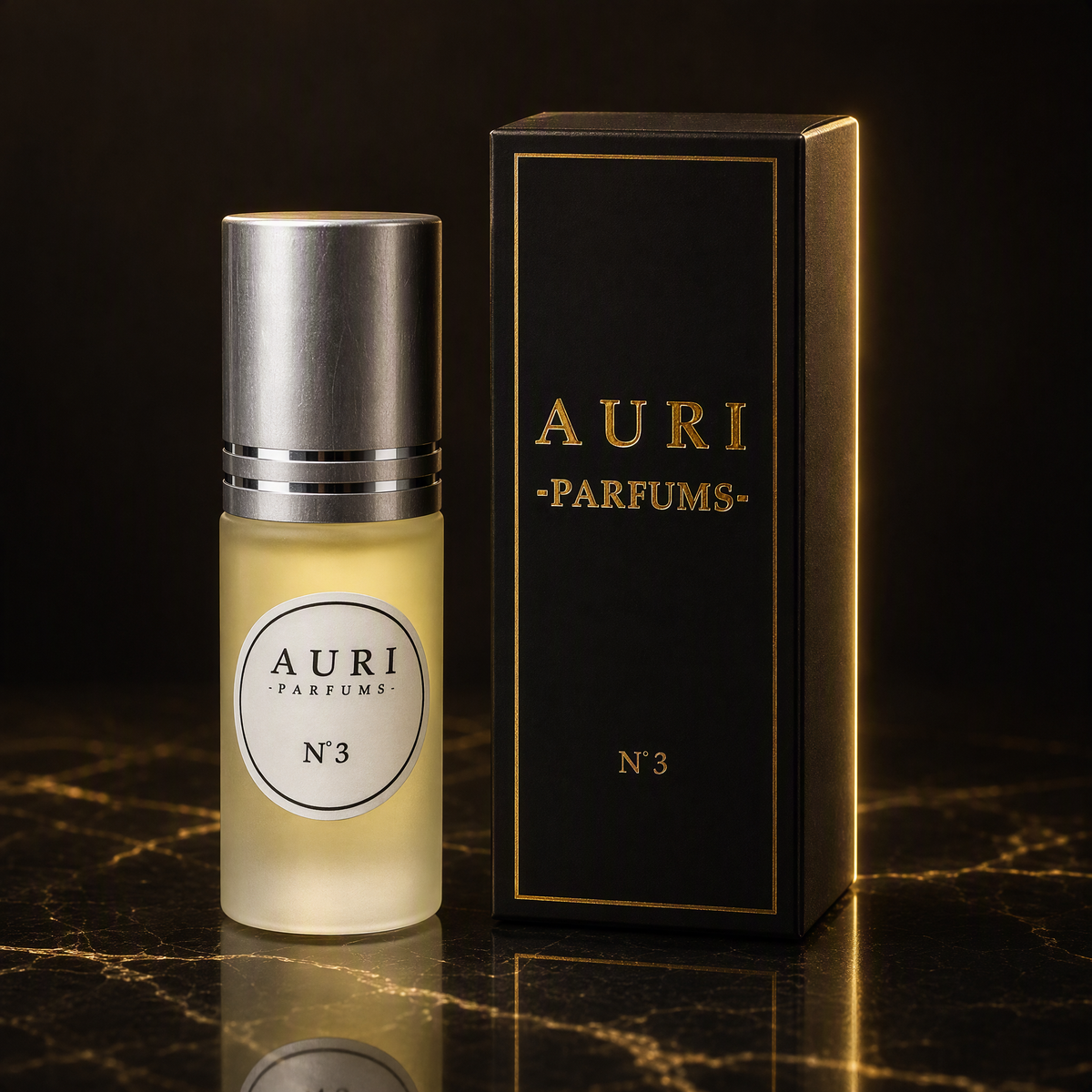 AURI No.3 alcohol-free roll-on perfume oil with black gift box on dark marble, inspired by Dolce & Gabbana Light Blue