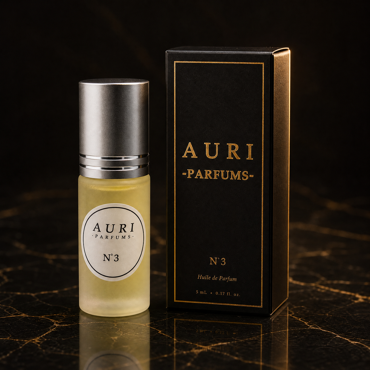 AURI No.3 alcohol-free roll-on perfume oil with black gift box on dark marble, inspired by Dolce & Gabbana Light Blue