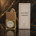 AURI No.4 alcohol-free car diffuser with white gift box on dark marble, inspired by Yves Saint Laurent Black Opium