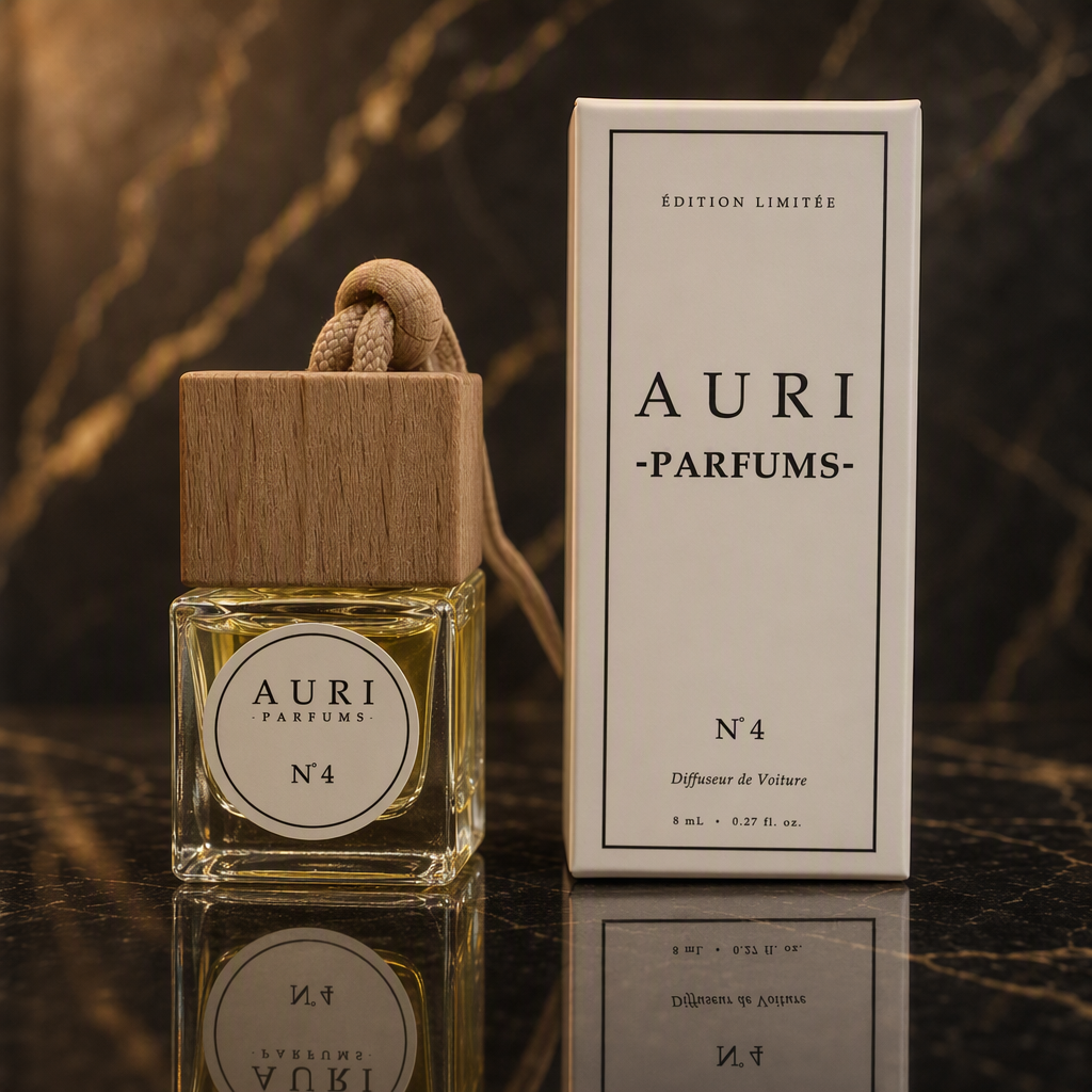 AURI No.4 alcohol-free car diffuser with white gift box on dark marble, inspired by Yves Saint Laurent Black Opium