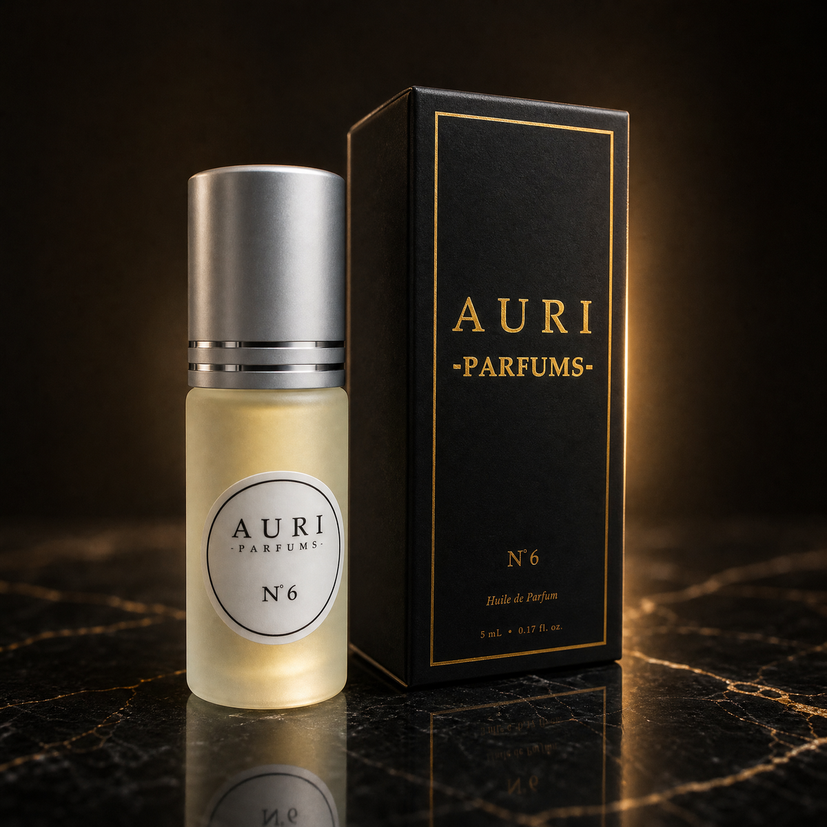 AURI No.6 alcohol-free roll-on perfume oil with black gift box on dark marble, inspired by Dior J'adore