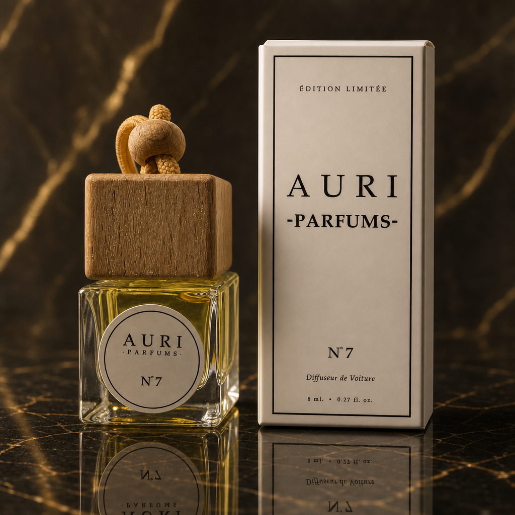 AURI No.7 alcohol-free car diffuser with white gift box on dark marble, inspired by Paco Rabanne 1 Million