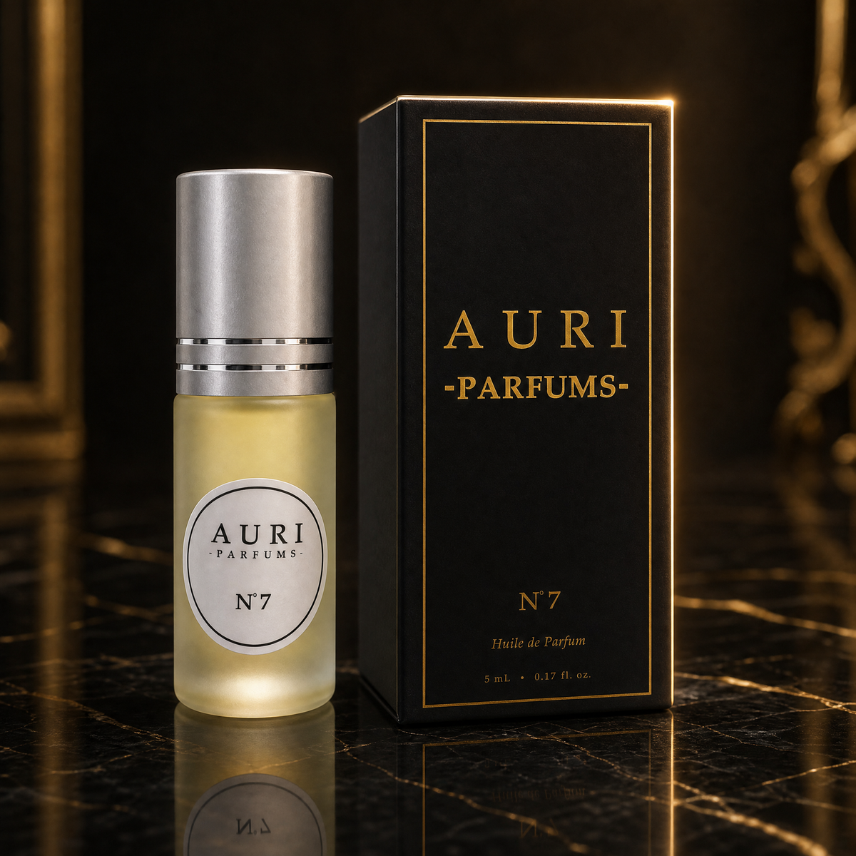 AURI No.7 alcohol-free roll-on perfume oil with black gift box on dark marble, inspired by Paco Rabanne 1 Million