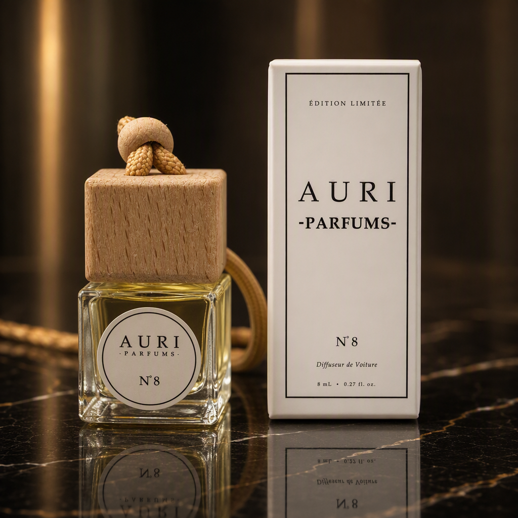 AURI No.8 alcohol-free car diffuser with white gift box on dark marble, inspired by Dior Pure Poison