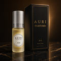 AURI No.8 alcohol-free roll-on perfume oil with black gift box on dark marble, inspired by Dior Pure Poison