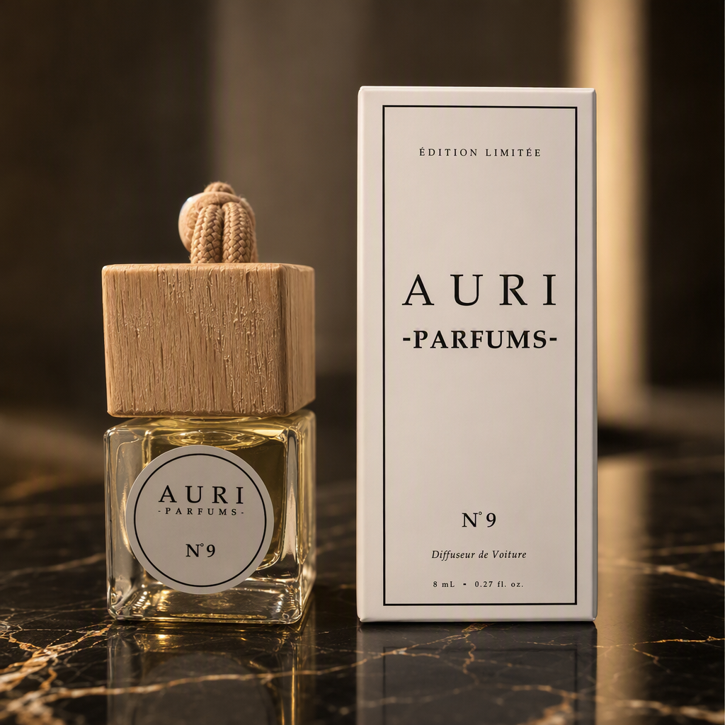 AURI No.9 alcohol-free car diffuser with white gift box on dark marble, inspired by Maison Francis Kurkdjian Baccarat Rouge 540